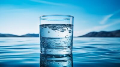 glass of water on sea with fresh background