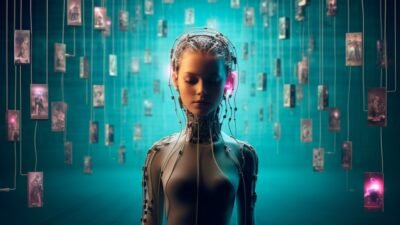 create a water color painting of A futuristic AI-themed front cover image for a blog in 2025, featuring a humanoid AI robot interacting with digital holograms displaying data, neural network patterns, and cityscape with advanced technology background, vibrant colors, modern design
