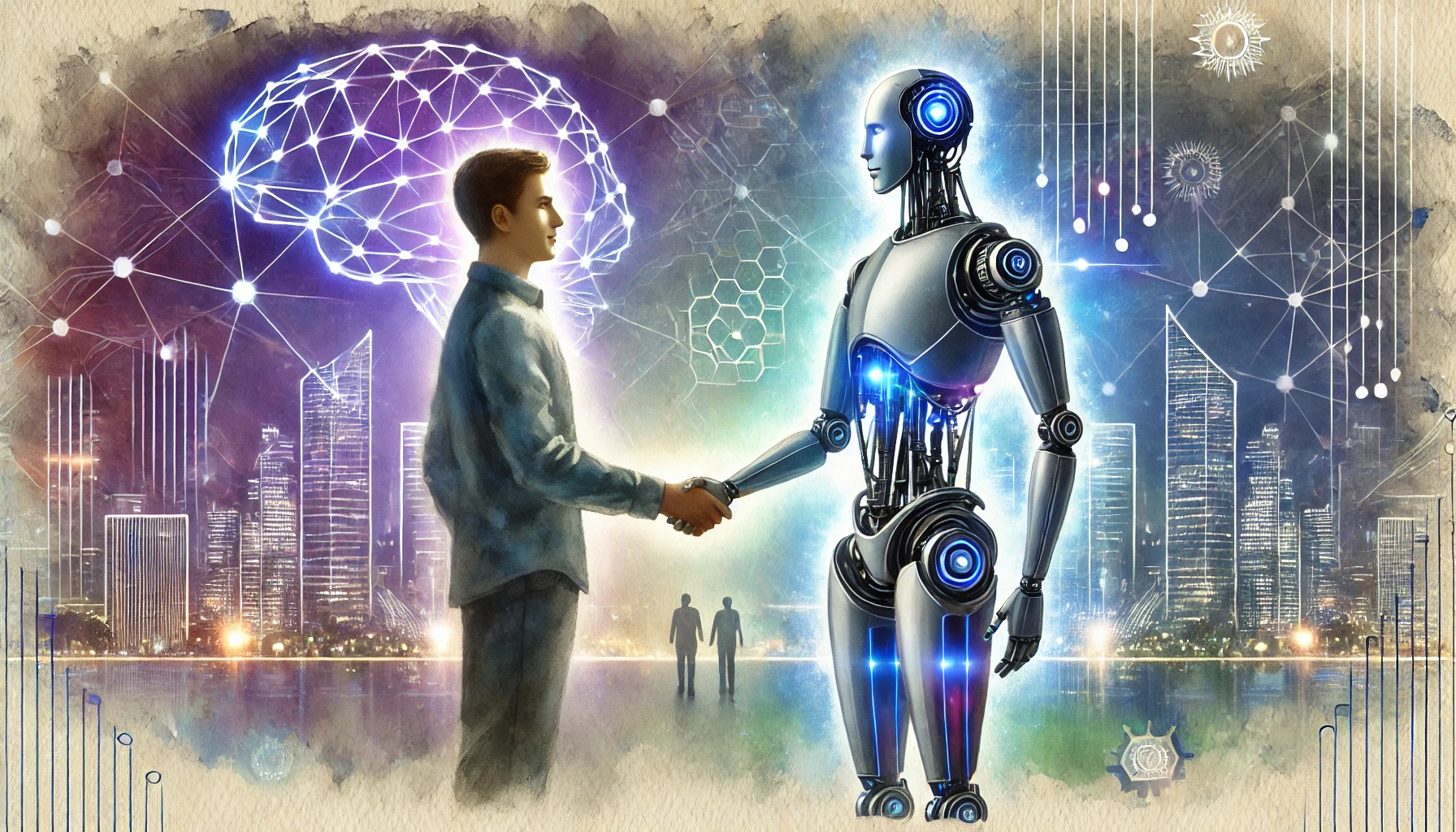 A watercolor-style painting showing a human and a robot shaking hands with two individuals standing in the background, symbolizing collaboration between humans and technology.