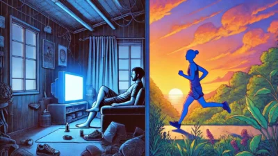 A woman is running energetically while a man relaxes and watches TV in a cozy living room setting.
