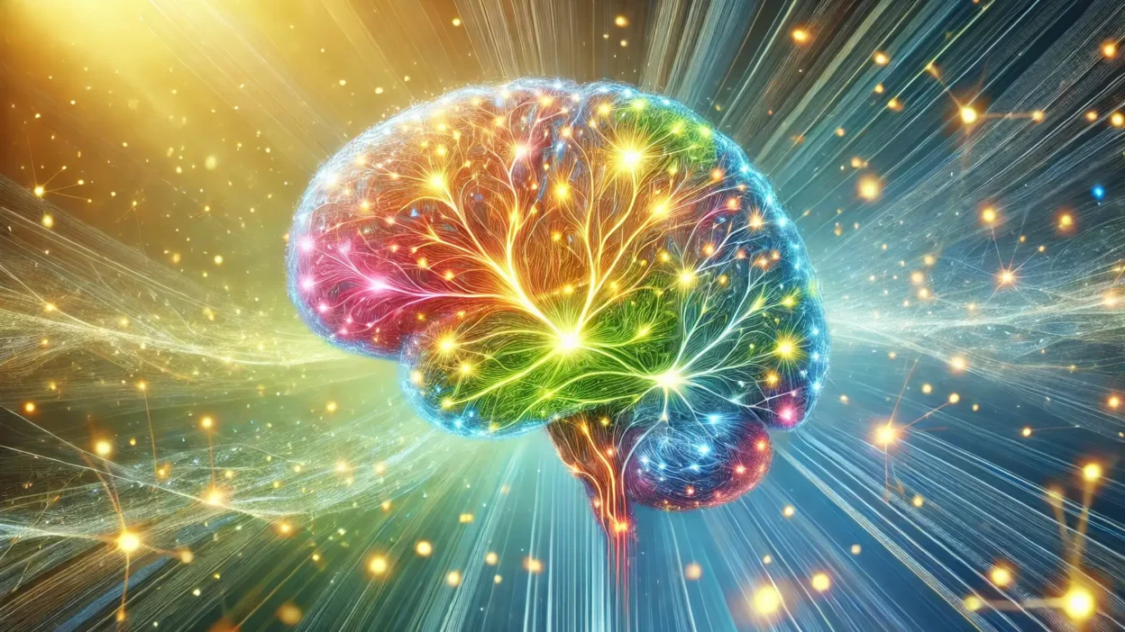 An abstract human brain with vibrant, glowing neural connections symbolizing positivity and mental rewiring.
