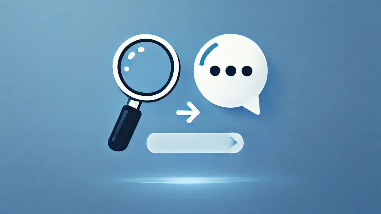 A minimalist digital illustration featuring a magnifying glass icon on the left and a chat bubble icon on the right, with a simple arrow pointing from the magnifying glass to the chat bubble.