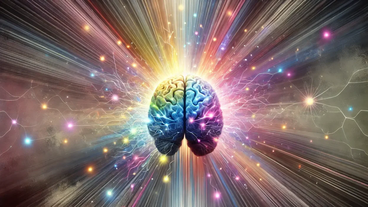 An abstract digital painting showing gloomy color rays (such as dark blues, grays, and purples) radiating outward from a stylized human brain, symbolizing feelings of overwhelm.