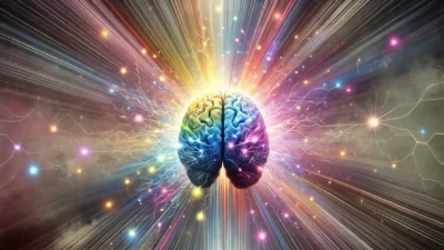 An abstract digital painting showing gloomy color rays (such as dark blues, grays, and purples) radiating outward from a stylized human brain, symbolizing feelings of overwhelm.