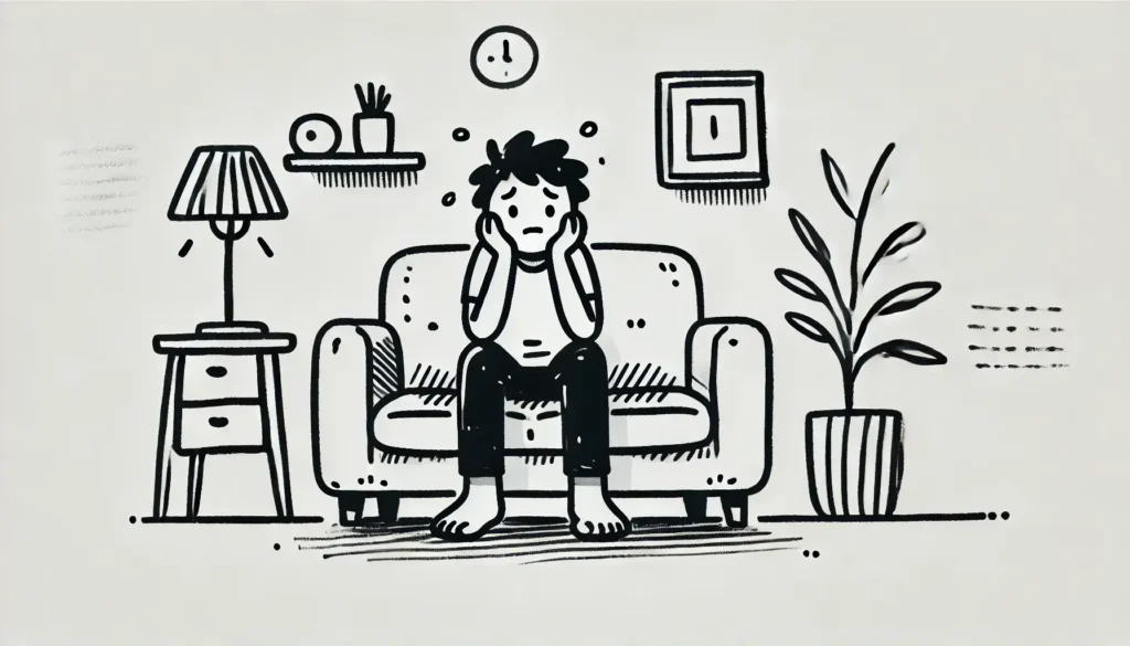 A simple black-and-white doodle of a person sitting on a couch in a living room, looking overwhelmed with cognitive load.