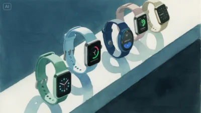Watercolor painting of smartwatchs, fitness trackers, and other digital health devices lined up on a table, top view, blue and teal colors