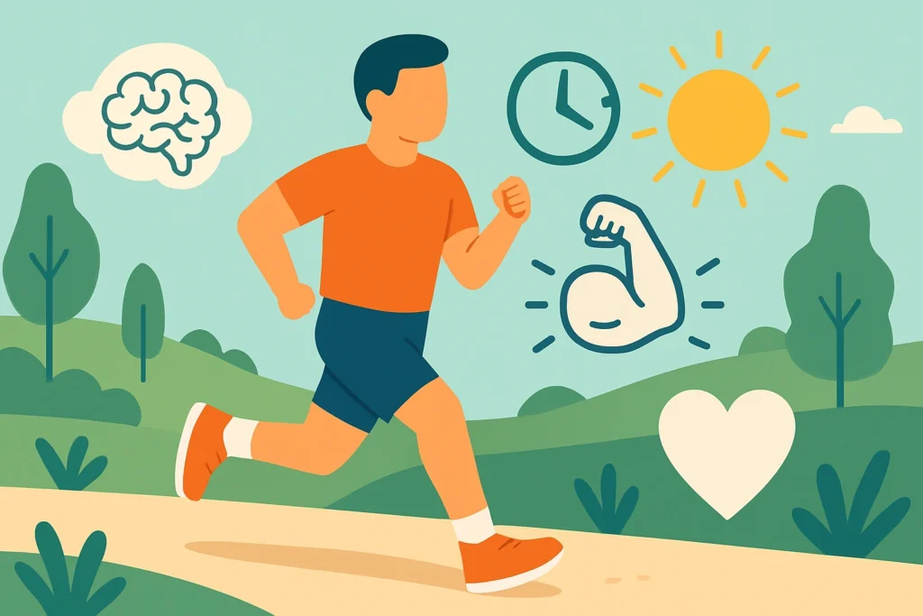 Faceless male runner illustration symbolizing the benefits of running beyond weight loss, set against a 16:9 background with elements representing improved mood, cardiovascular health, and mental clarity.