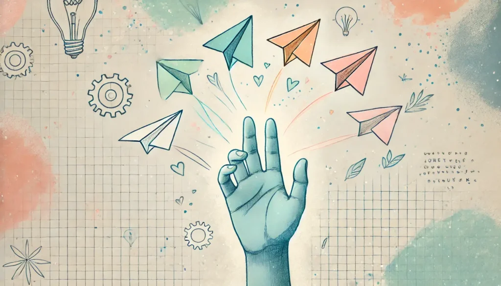A 16:9 illustration in a loose, light-blue watercolor style. A single open human hand reaches upward, painted with soft, flowing brushstrokes. Ai-proof career.