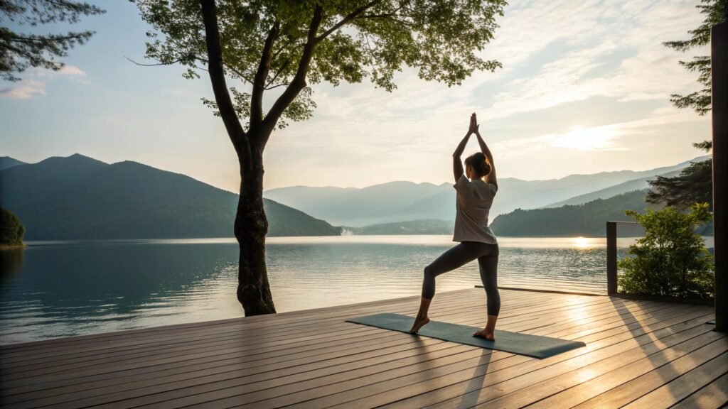 Woman practicing holistic fitness yoga pose in serene forest setting with sunlight streaming through trees