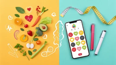 Split-screen graphic with abstract icons of healthy living on one side and weight-loss drug pens, measuring tapes, and social media symbols on the other, representing the clash between wellness and aesthetic-driven trends.