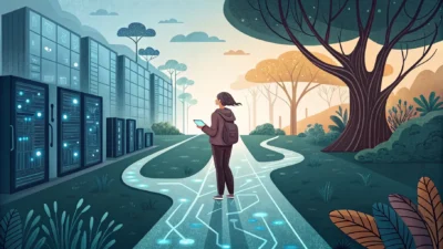 Person contemplating at crossroads between futuristic AI technology path with circuits and servers versus natural environment path with plants and organic elements, representing AI veganism ethical choices
