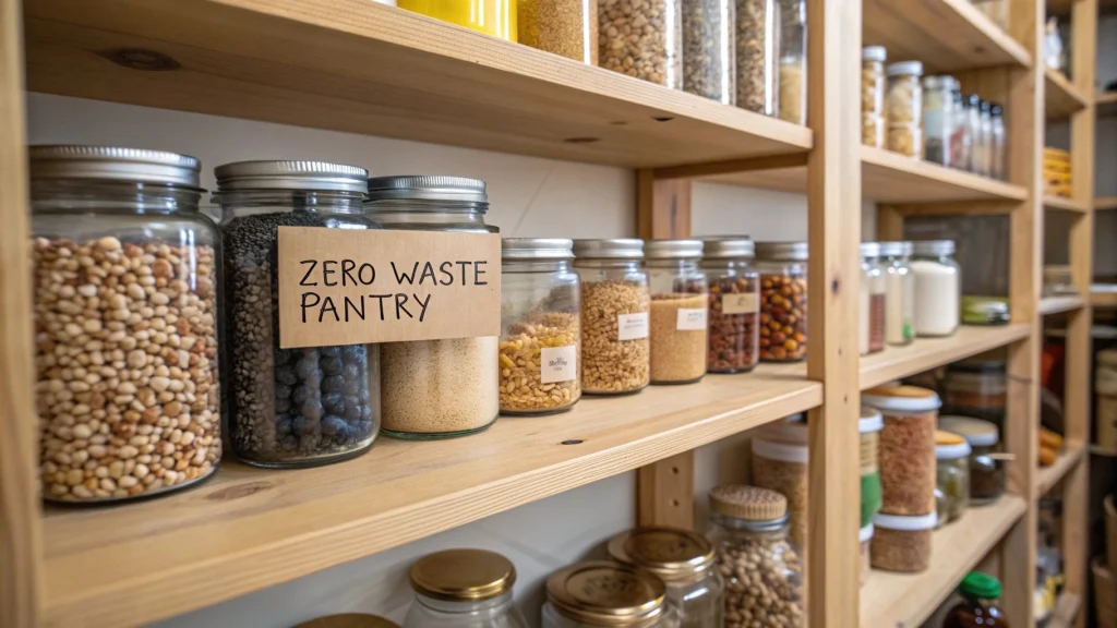 Beautiful zero waste pantry with labeled glass jars and minimal packaging