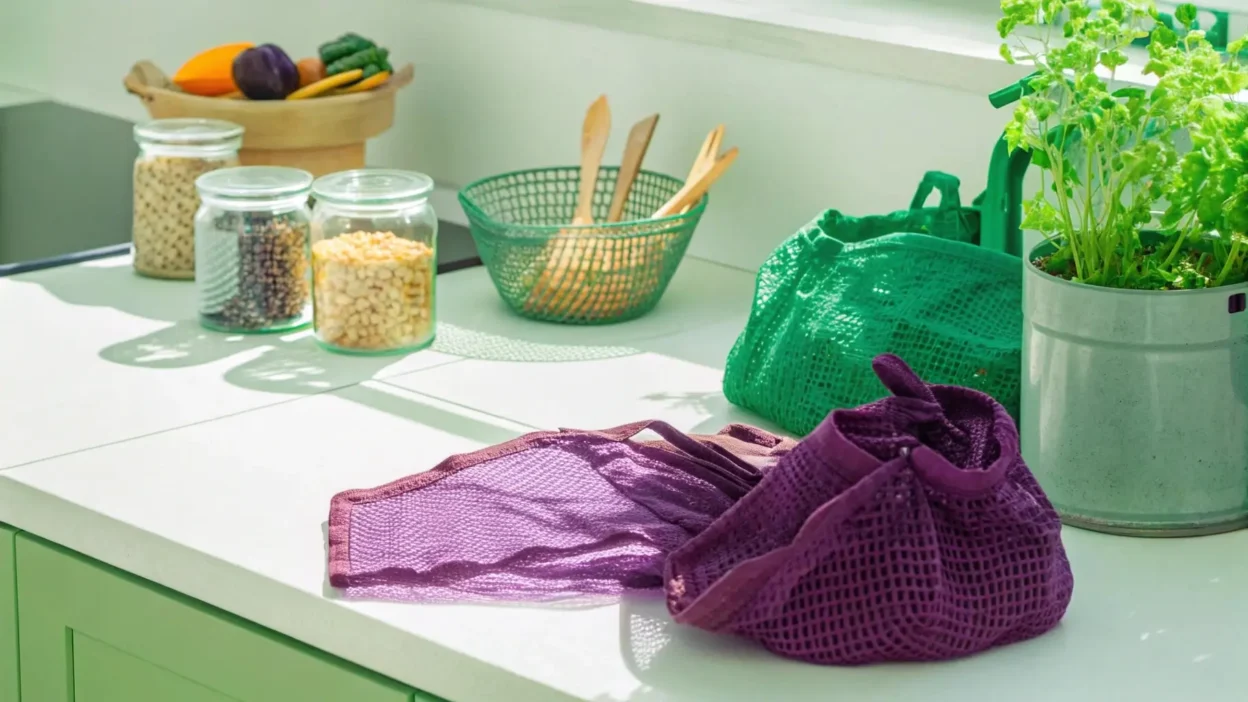 Clean modern kitchen counter with glass jars filled with bulk grains and legumes, reusable bamboo utensils, fresh vegetables in mesh bags, beeswax food wraps, and a small potted plant. Bright natural lighting, minimalist white countertop, organized zero waste lifestyle, eco-friendly products, sustainable living aesthetic. showing zero waste living