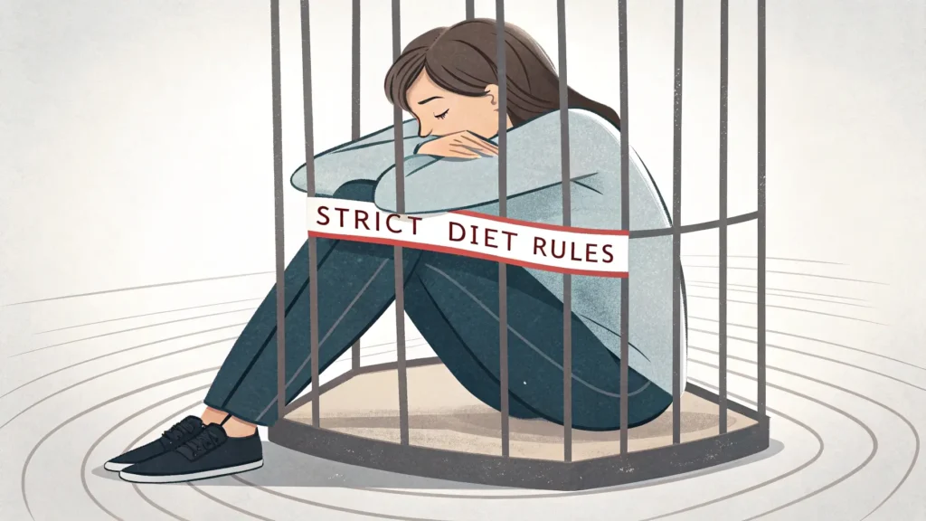Artistic representation of psychological imprisonment from diet culture and wellness obsession
