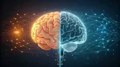 Split-screen comparison of healthy human brain versus AI-dependent brain showing cognitive decline and neural pathway replacement