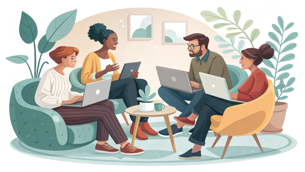 People having face-to-face discussion with closed laptops, representing human-centered approach