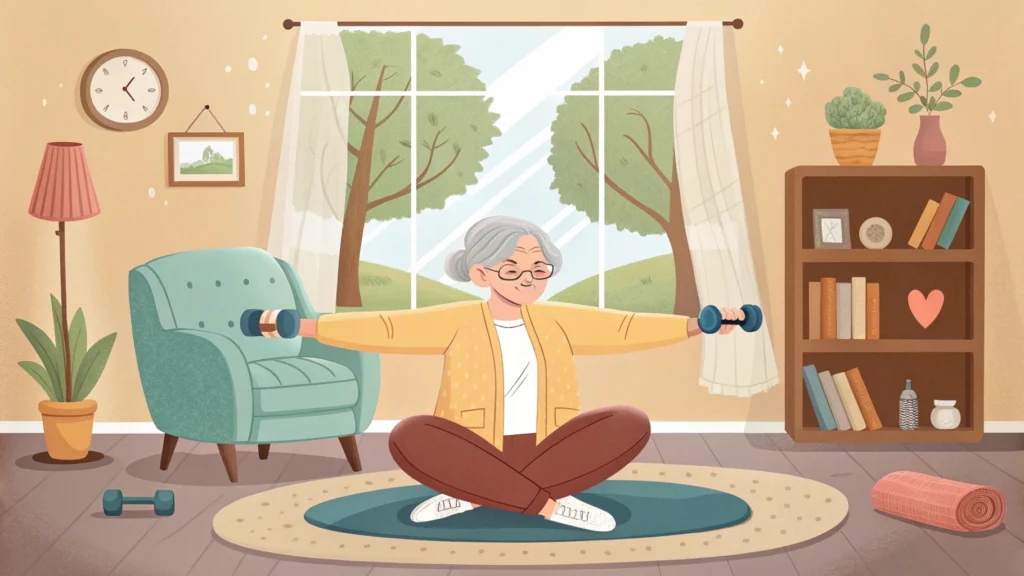 Senior person in wheelchair practicing gentle holistic fitness exercises with resistance bands indoors