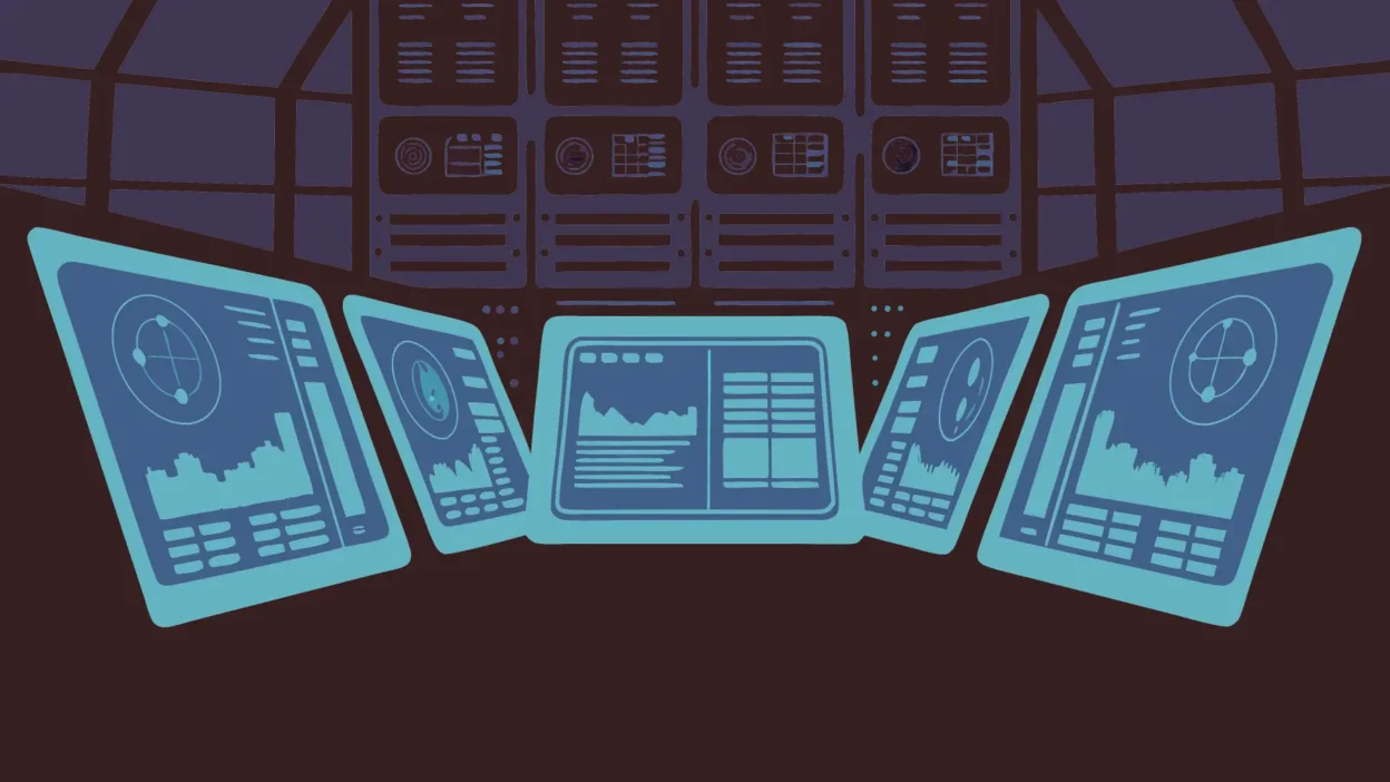 image of futuristic agentic AI interface with holographic displays showing multiple autonomous tasks being completed simultaneously