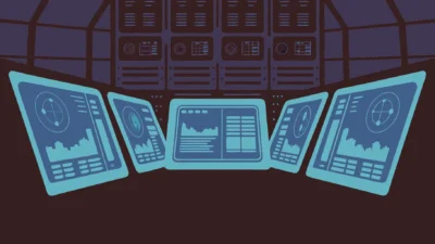 image of futuristic agentic AI interface with holographic displays showing multiple autonomous tasks being completed simultaneously