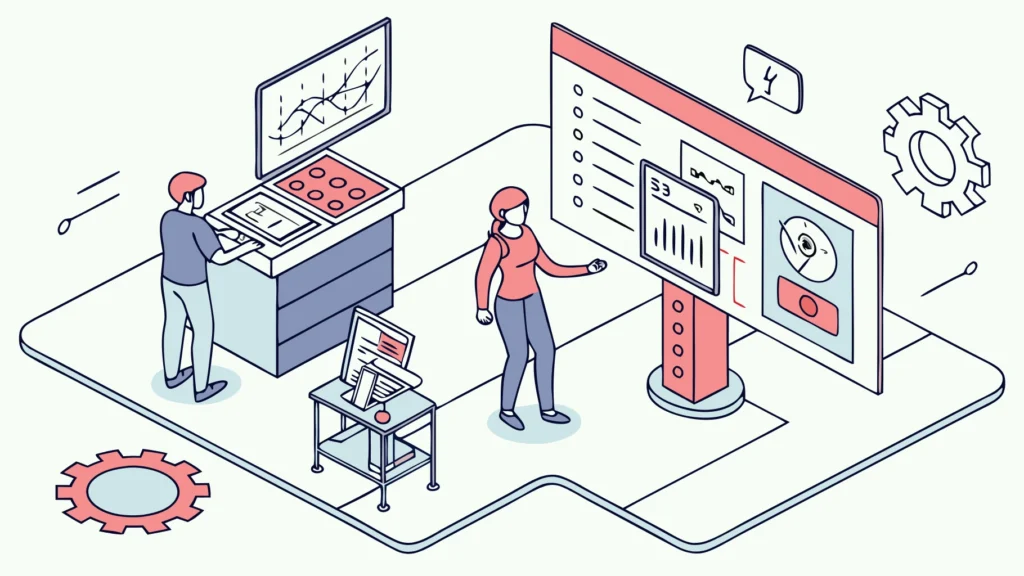 image of futuristic workspace showing seamless human-AI collaboration across multiple devices and interfaces