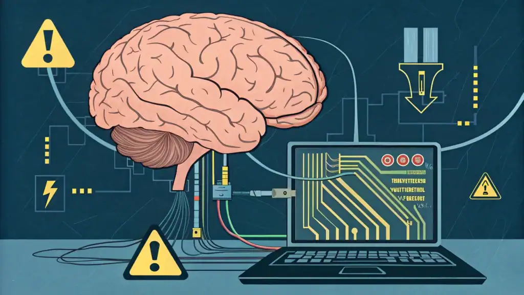 Human brain connected to computer systems with warning symbols indicating cognitive dependency risks