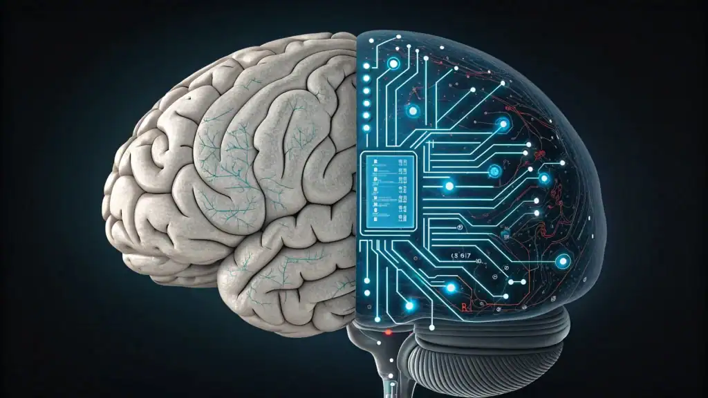 Human brain showing AI dependency with digital circuits replacing natural neural connections