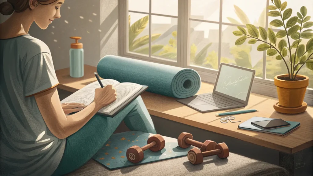 Person writing in journal next to yoga mat and dumbbells showing how to start practicing holistic fitness routine