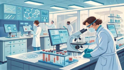 image of scientists working in a modern biotechnology laboratory