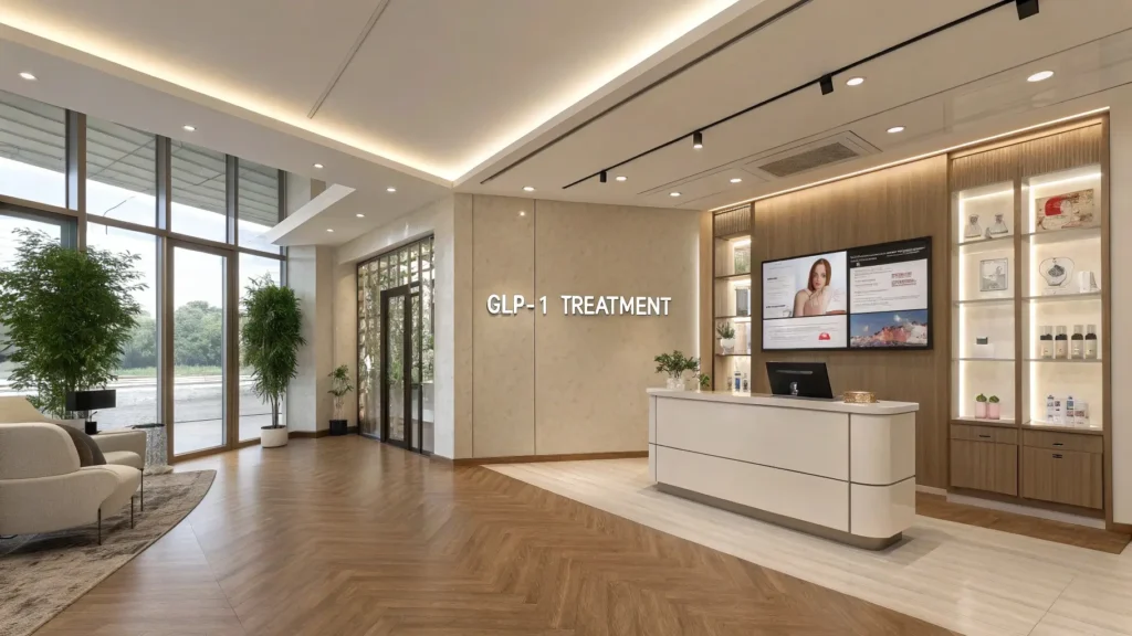 Luxury medical aesthetic clinic showcasing GLP-1 complementary treatments and services, GLP-1 drugs beauty standards
