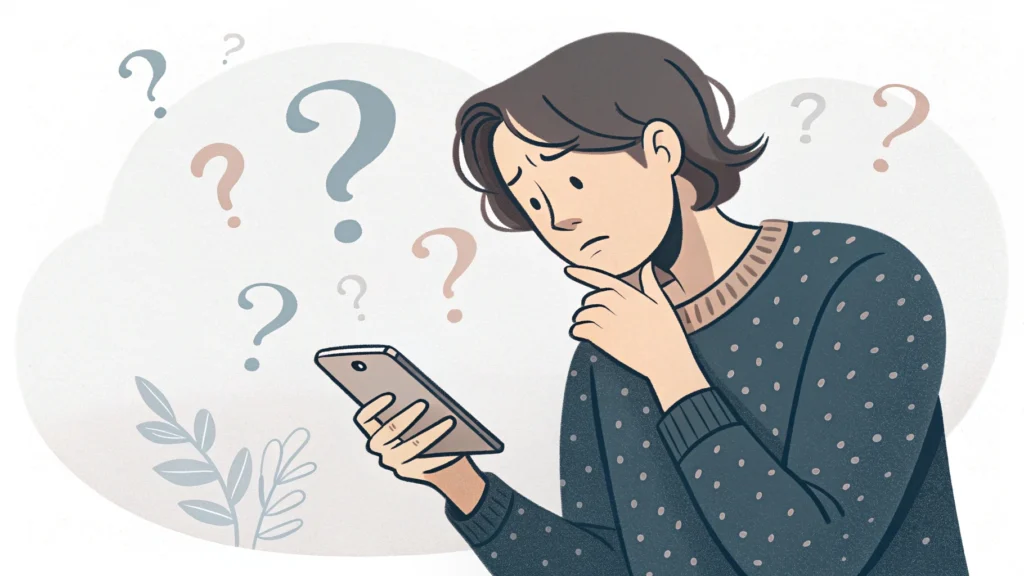 Person contemplating smartphone usage with question marks floating above