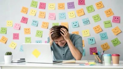 Frustrated person overwhelmed by forced positive thinking and toxic positivity messages