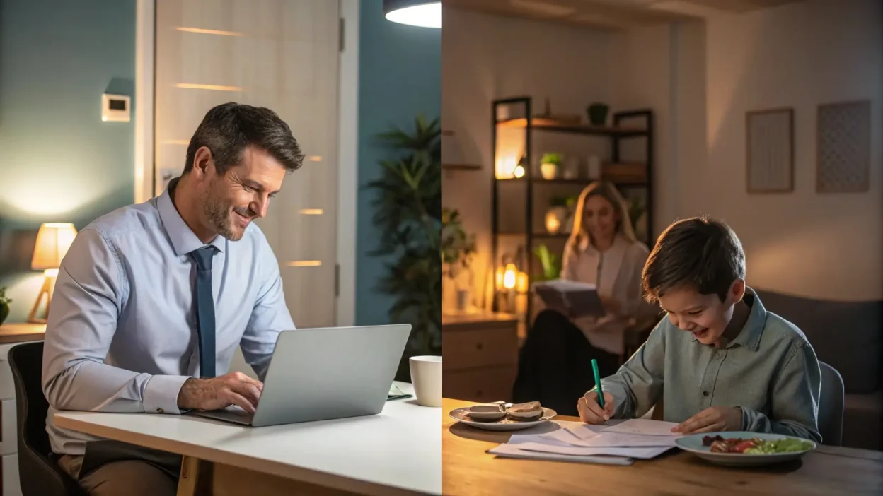 Modern professional demonstrating work-life balance integration in contemporary home environment