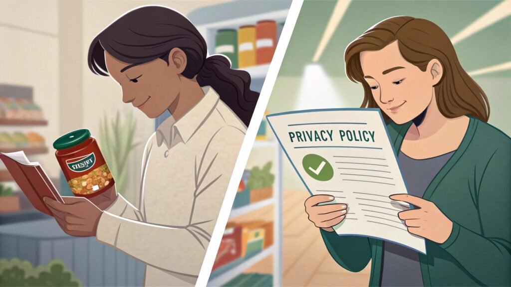Person reading food ingredients next to someone reviewing privacy policy on phone