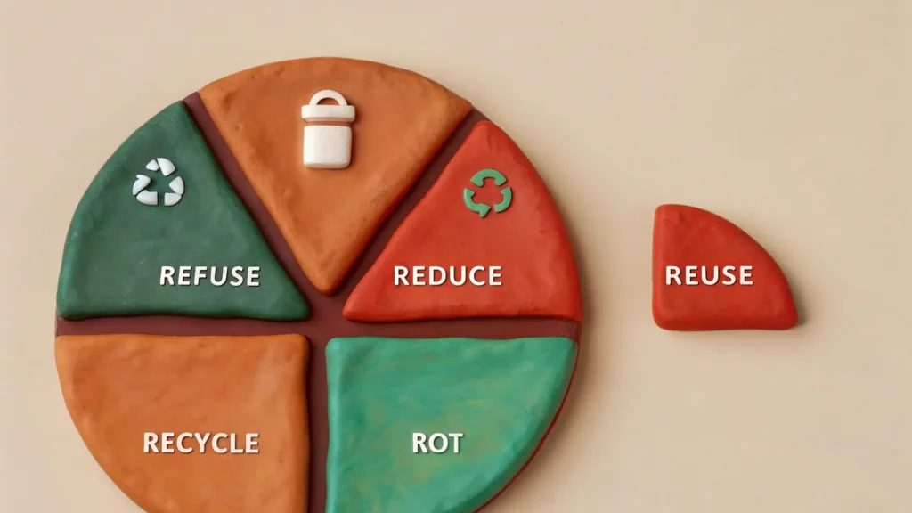 Simple infographic showing the 5 Rs of zero waste in a circular design, showing zero waste living