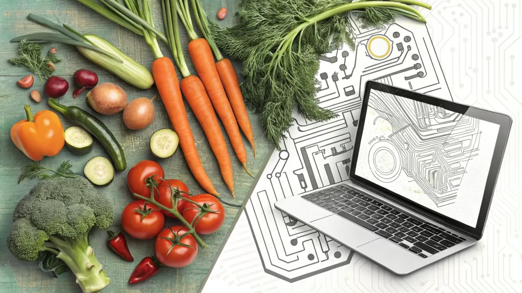 Vegetables on one side, computer circuits on other, representing AI veganism concept