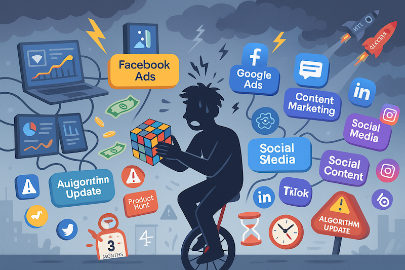 Overwhelmed entrepreneur struggling with complex startup marketing strategies learning curve illustration