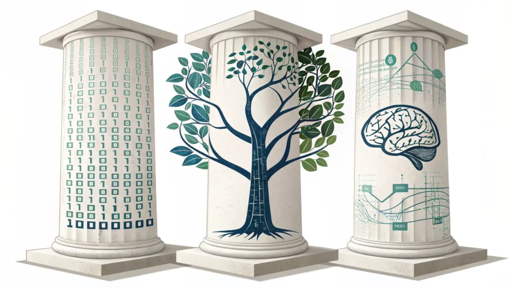 Three pillars showing data protection, environmental sustainability, and human autonomy