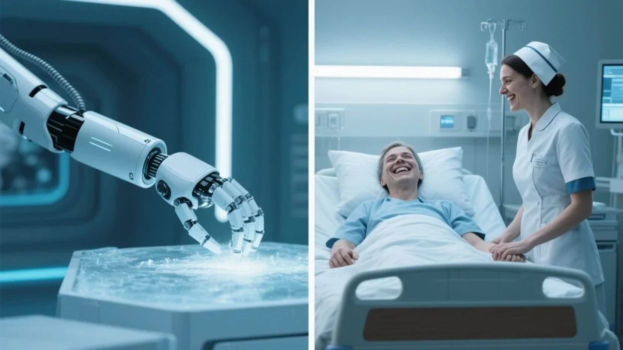 Split-screen hero image—left shows a robot arm frozen mid-task; right shows a human nurse mid-laugh with a patient.Ai-proof careers