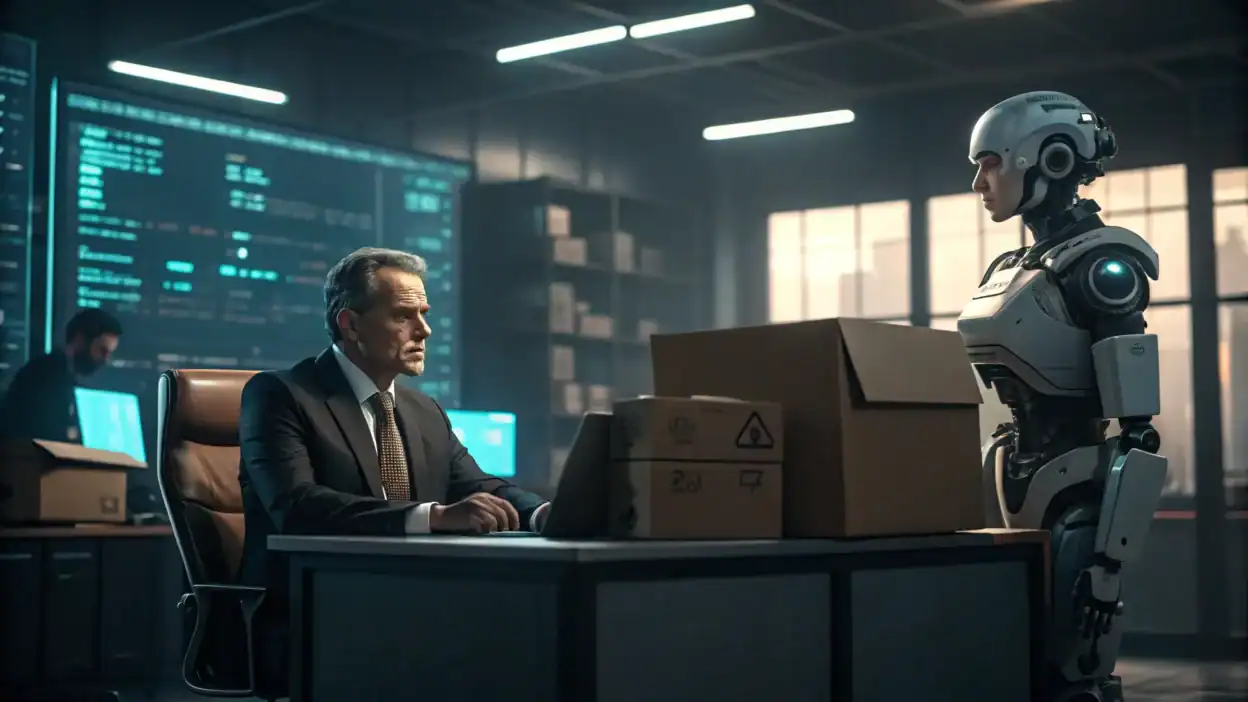 AI job displacement illustrated as a boss in a suit using a robot to replace stressed employees packing boxes in an office, symbolizing how managers exploit AI to cut jobs.