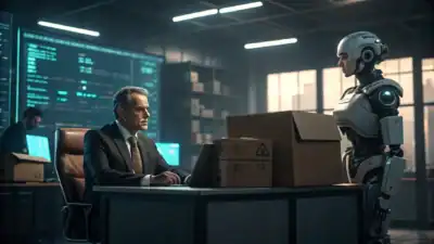 AI job displacement illustrated as a boss in a suit using a robot to replace stressed employees packing boxes in an office, symbolizing how managers exploit AI to cut jobs.