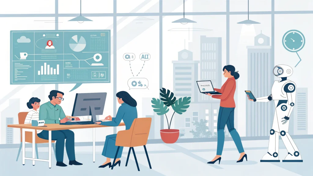 Professionals demonstrating positive ai workforce impact through human-AI collaboration in modern office environment