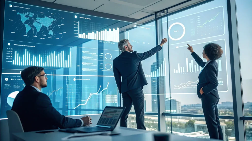 Corporate executives discussing AI job displacement strategies while employees wait outside boardroom"