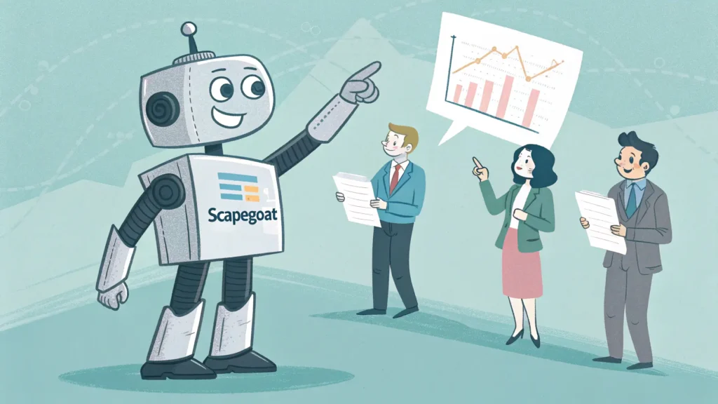 AI robot wearing scapegoat name tag representing generative AI workplace impact blame shifting