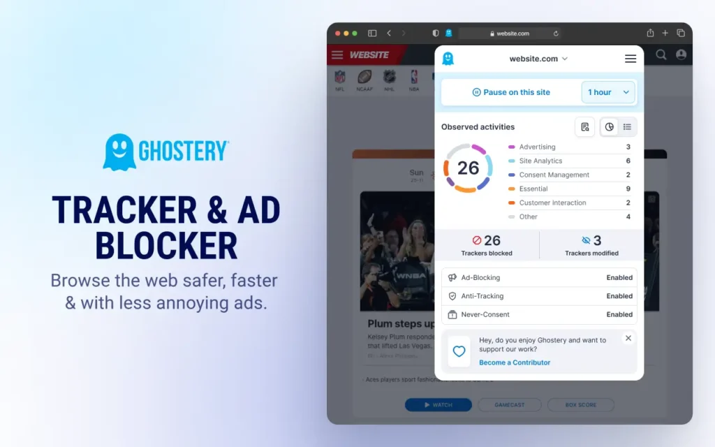 Ghostery Chrome extension privacy protection interface blocking trackers and ads