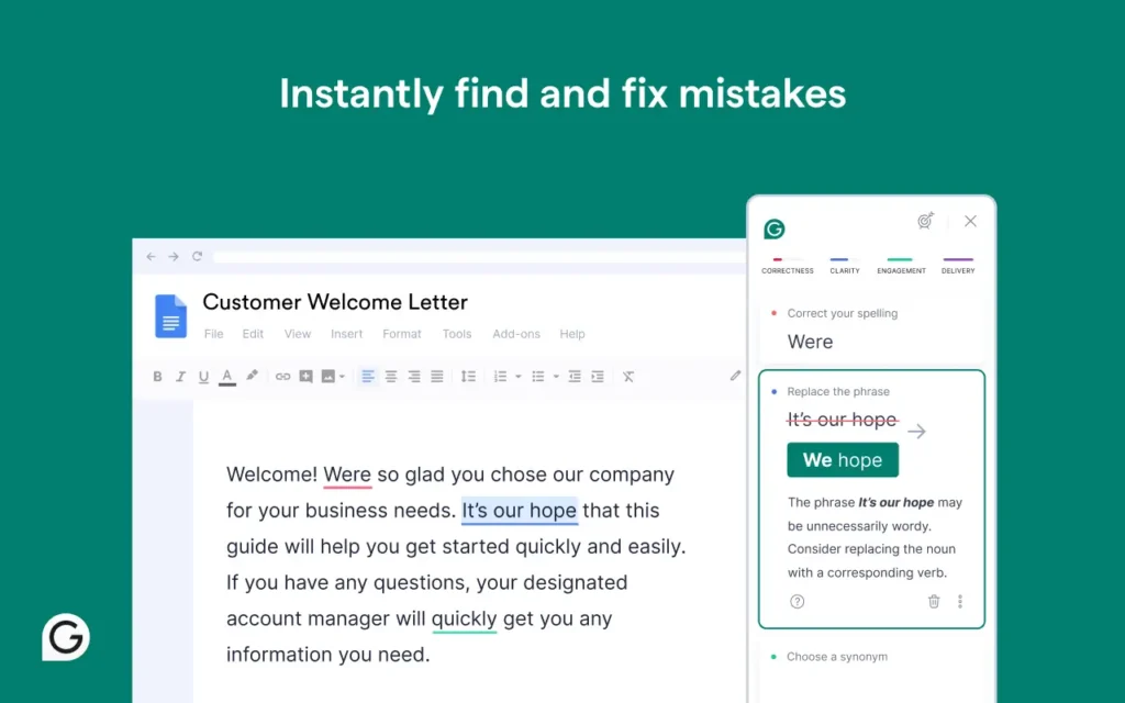 Grammarly Chrome extension interface showing writing corrections for productivity
