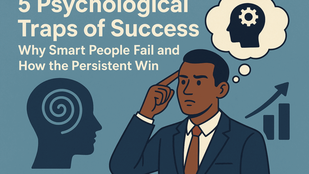 Illustration of a businessman stepping over a mental trap symbolizing the psychological traps of success, representing how persistence overcomes failure.