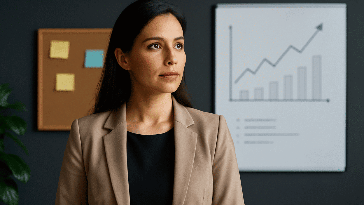 Professional businesswoman standing confidently, symbolizing leadership, strategic thinking, and the mindset needed for Business Success.