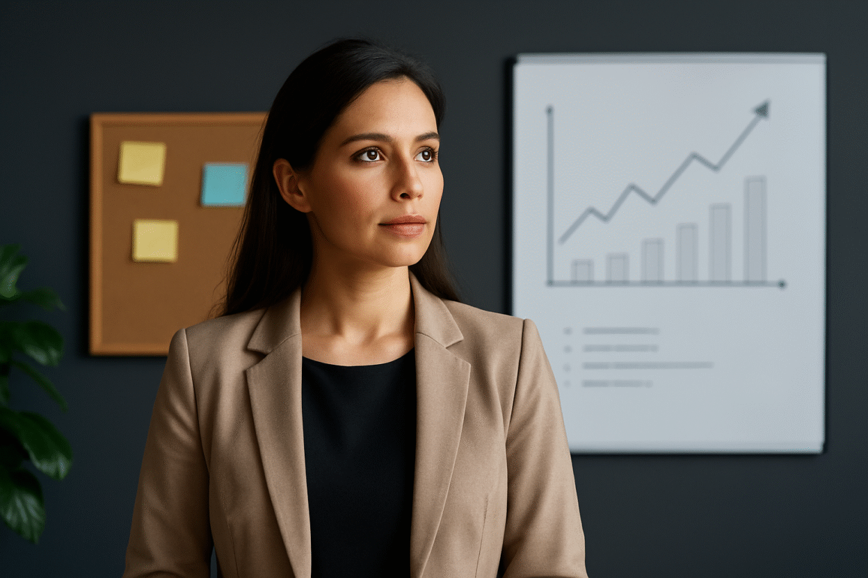 Professional businesswoman standing confidently, symbolizing leadership, strategic thinking, and the mindset needed for Business Success.