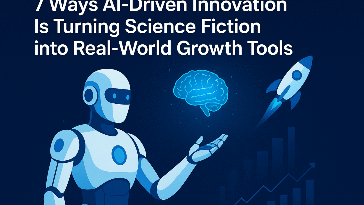 A futuristic robot using AI-driven innovation to transform science fiction into real-world growth tools, symbolizing technology and progress.