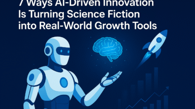 A futuristic robot using AI-driven innovation to transform science fiction into real-world growth tools, symbolizing technology and progress.